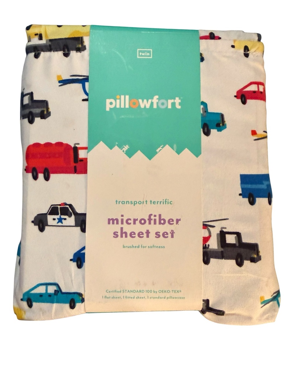 pillowfort Twin Microfiber Sheet Set - White with Multicolor Vehicles NIP